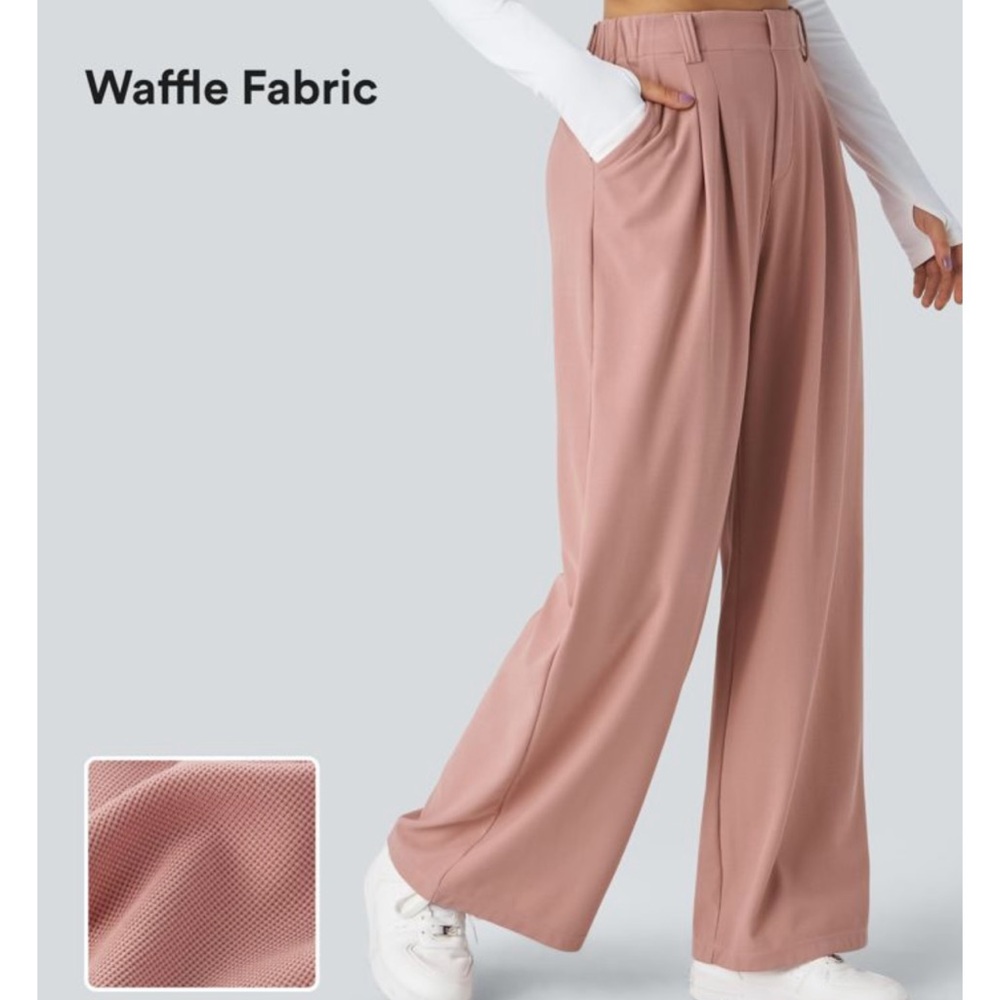HALARA Rose Tan Flex High Waisted Pocket Wide Leg Waffle Work Pants - Picture 3 of 9